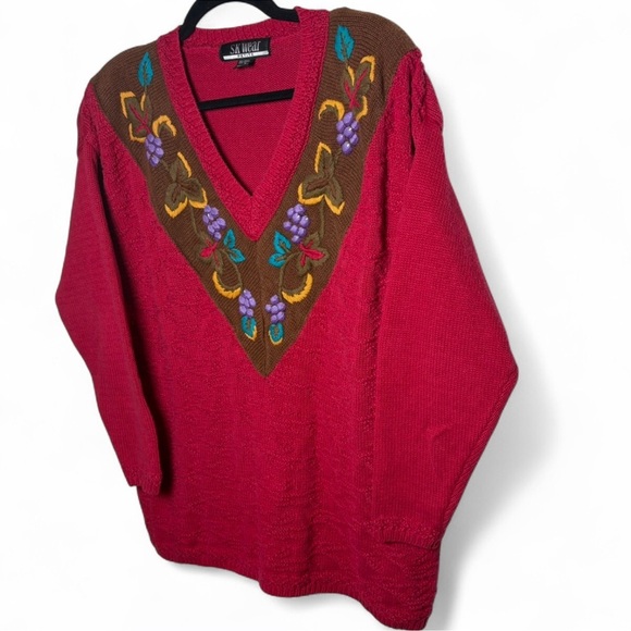 Vintage 90s SK Wear Red Embroidered Knit Sweater Ramie Cotton M - Picture 2 of 5